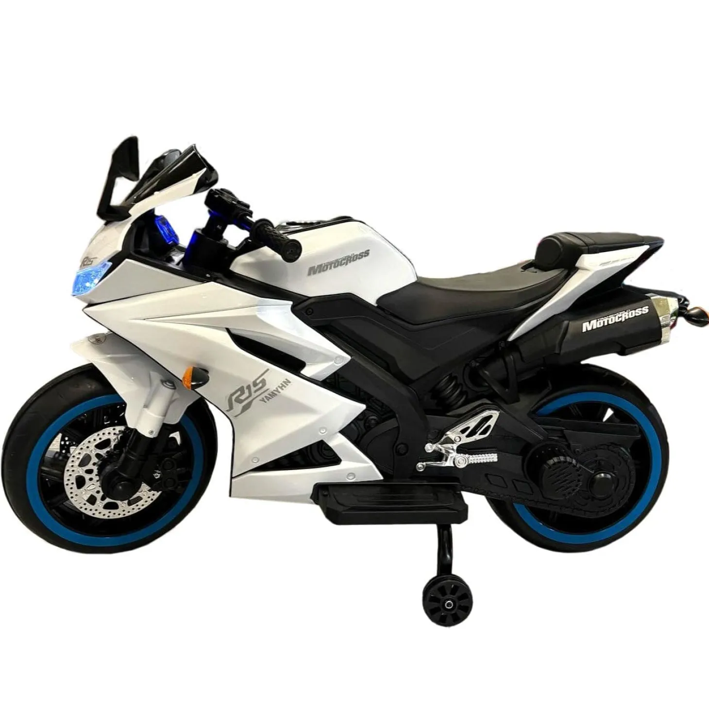 Baby Moo R15 Rechargeable 12V Battery Operated Ride On Bike for Kids with LED Lights, Music, and USB Port - White