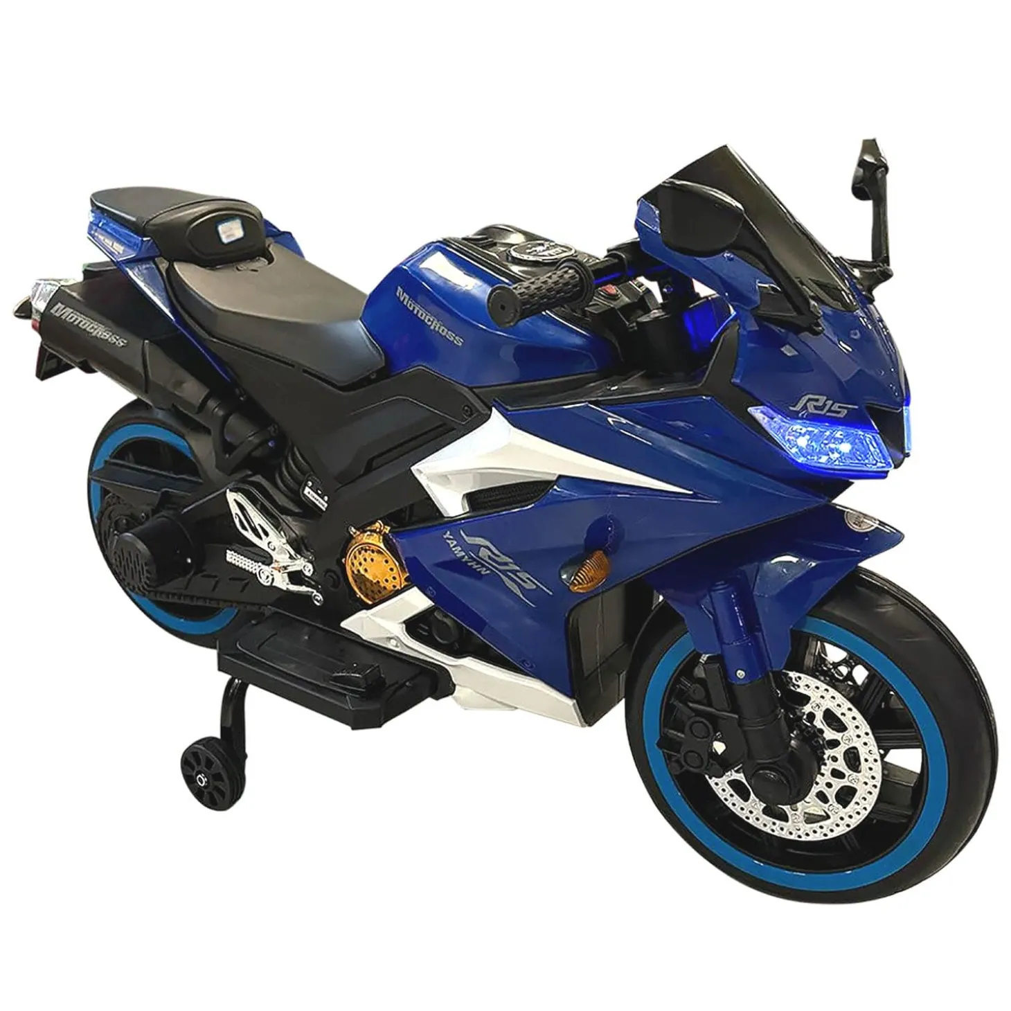 Baby Moo R15 Rechargeable 12V Battery Operated Ride On Bike for Kids with LED Lights, Music, and USB Port - Blue
