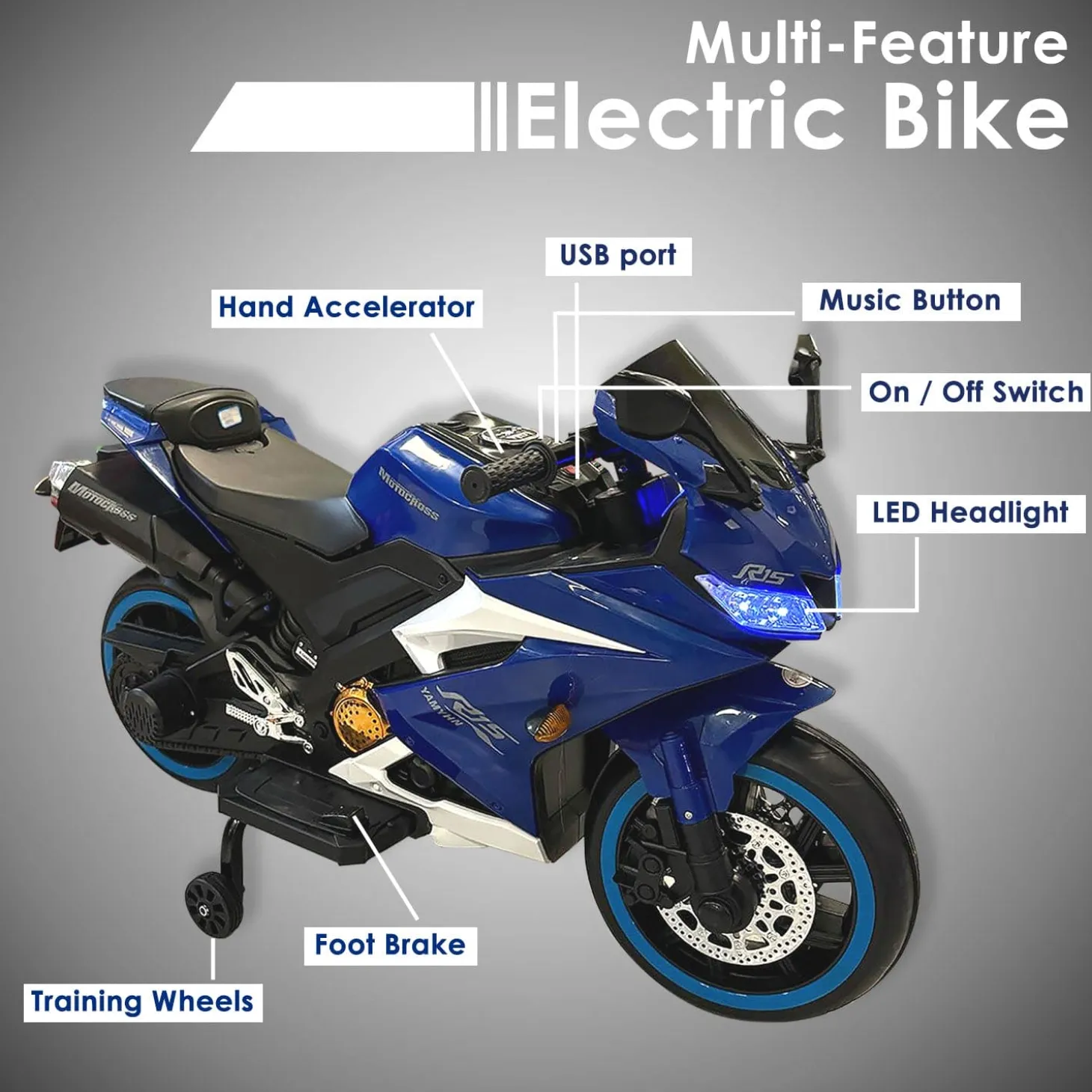 Baby Moo R15 Rechargeable 12V Battery Operated Ride On Bike for Kids with LED Lights, Music, and USB Port - Blue