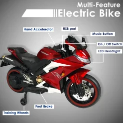 Baby Moo R15 Rechargeable 12V Battery Operated Ride On Bike for Kids with LED Lights, Music, and USB Port - Red