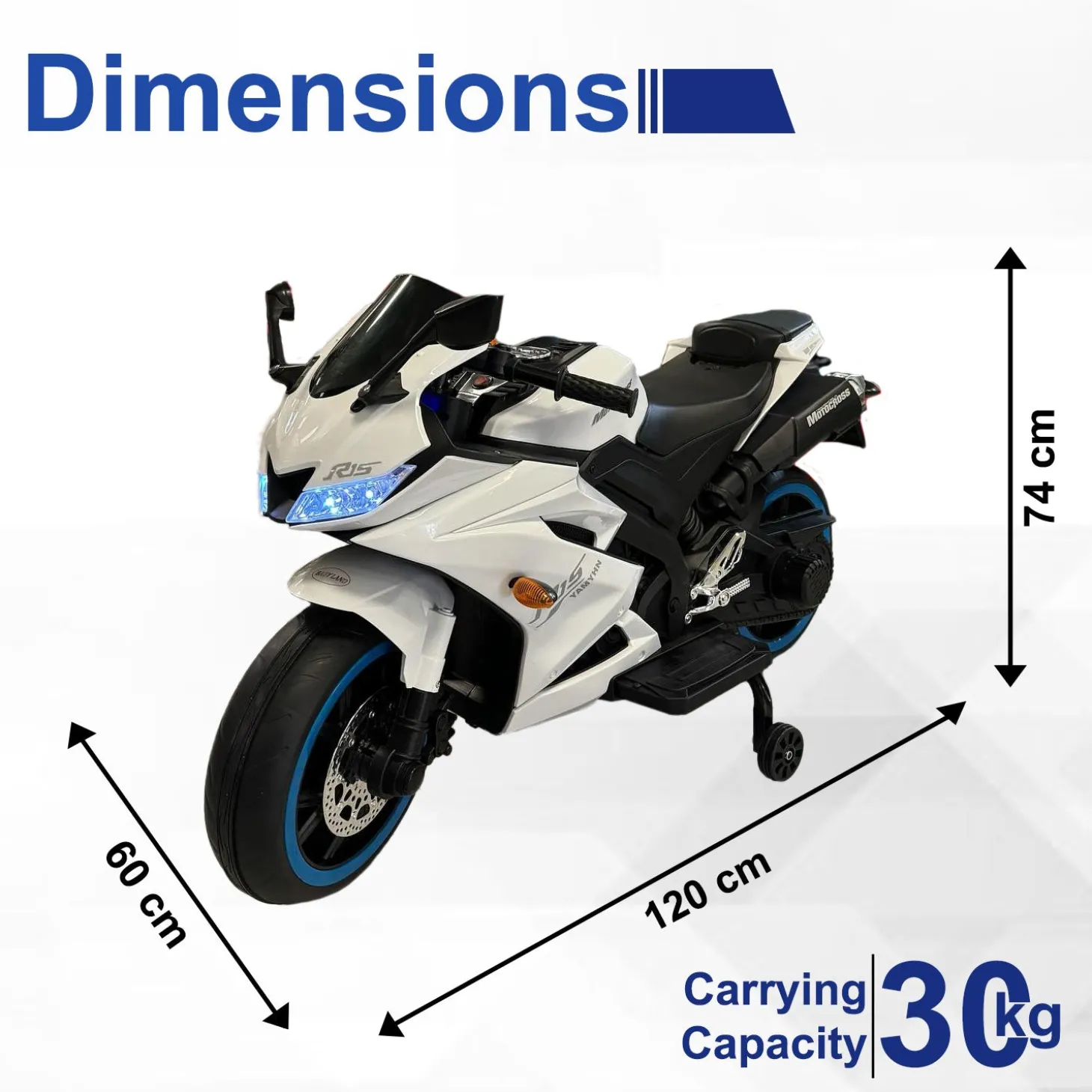 Baby Moo R15 Rechargeable 12V Battery Operated Ride On Bike for Kids with LED Lights, Music, and USB Port - White