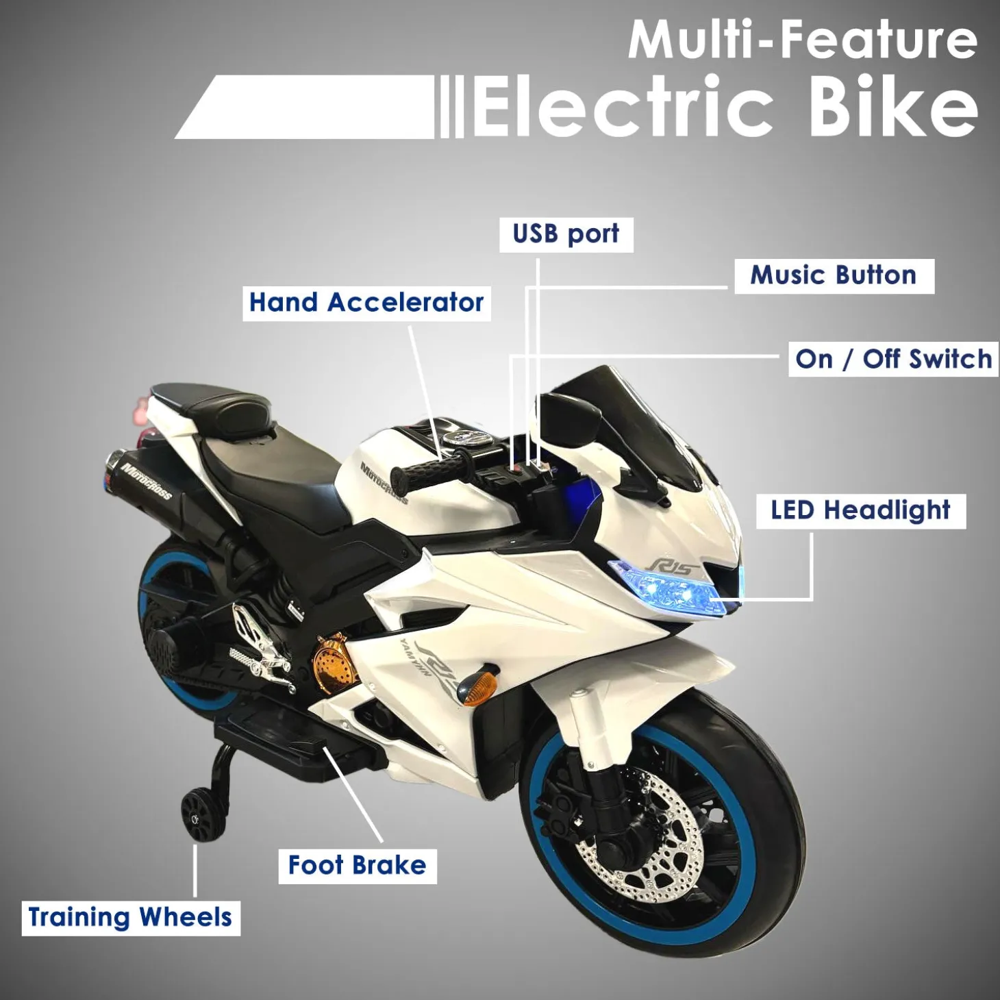 Baby Moo R15 Rechargeable 12V Battery Operated Ride On Bike for Kids with LED Lights, Music, and USB Port - White