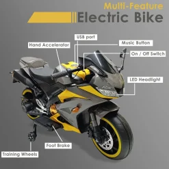 Baby Moo R15 Rechargeable 12V Battery Operated Ride On Bike for Kids with LED Lights, Music, and USB Port - Yellow