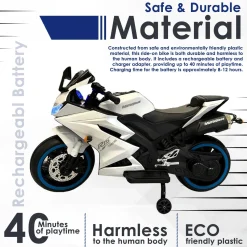 Baby Moo R15 Rechargeable 12V Battery Operated Ride On Bike for Kids with LED Lights, Music, and USB Port - White