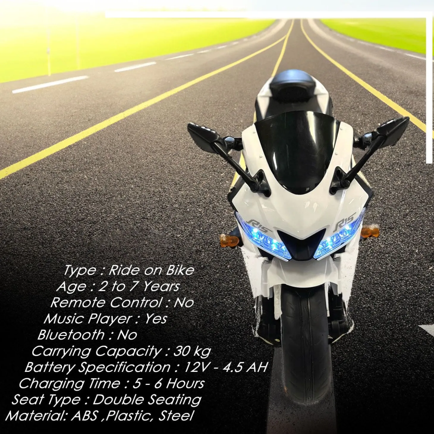 Baby Moo R15 Rechargeable 12V Battery Operated Ride On Bike for Kids with LED Lights, Music, and USB Port - White