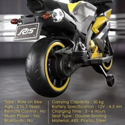 Baby Moo R15 Rechargeable 12V Battery Operated Ride On Bike for Kids with LED Lights, Music, and USB Port - Yellow
