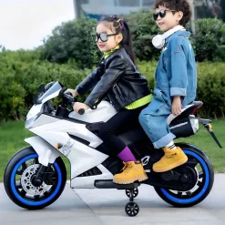 Baby Moo R15 Rechargeable 12V Battery Operated Ride On Bike for Kids with LED Lights, Music, and USB Port - White