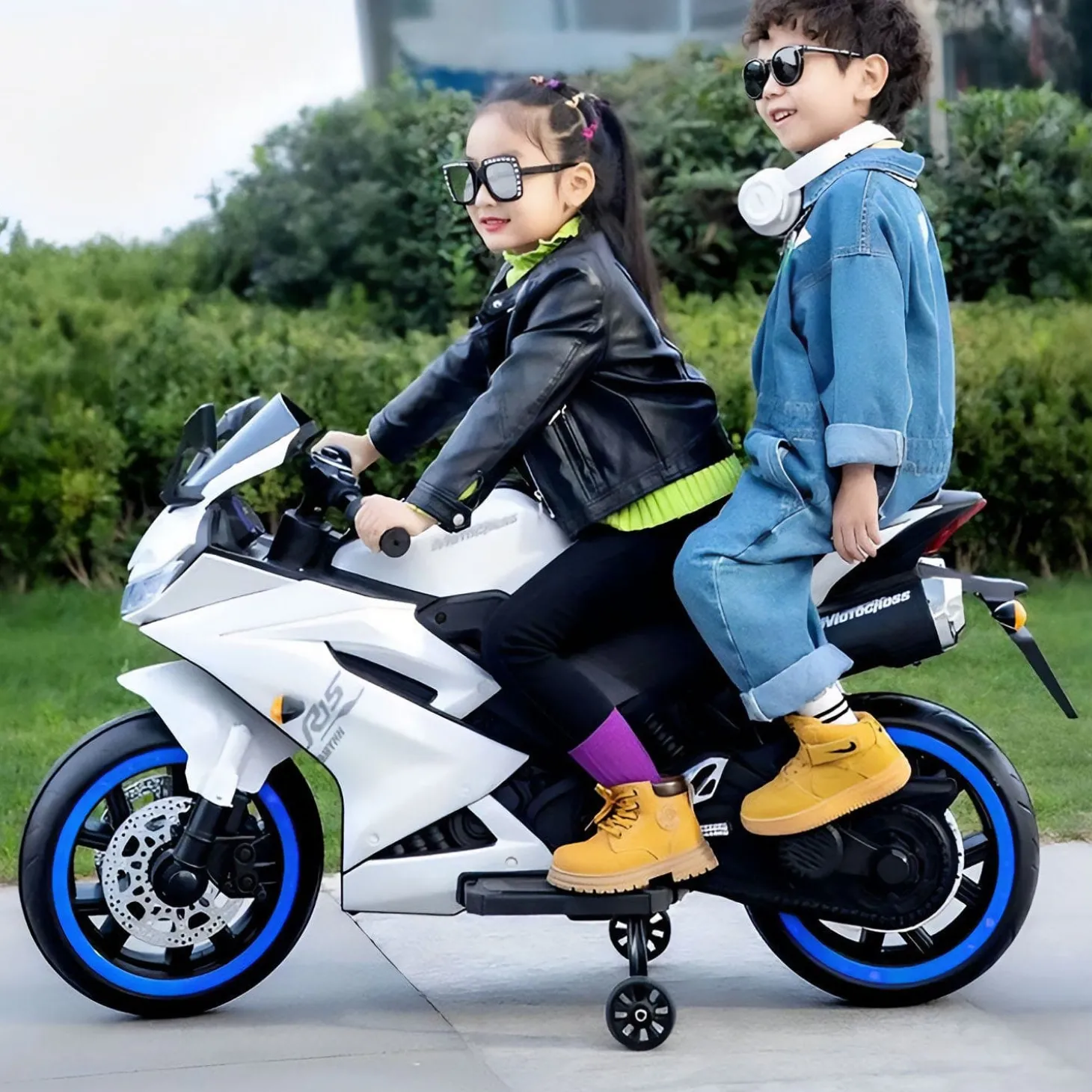Baby Moo R15 Rechargeable 12V Battery Operated Ride On Bike for Kids with LED Lights, Music, and USB Port - White