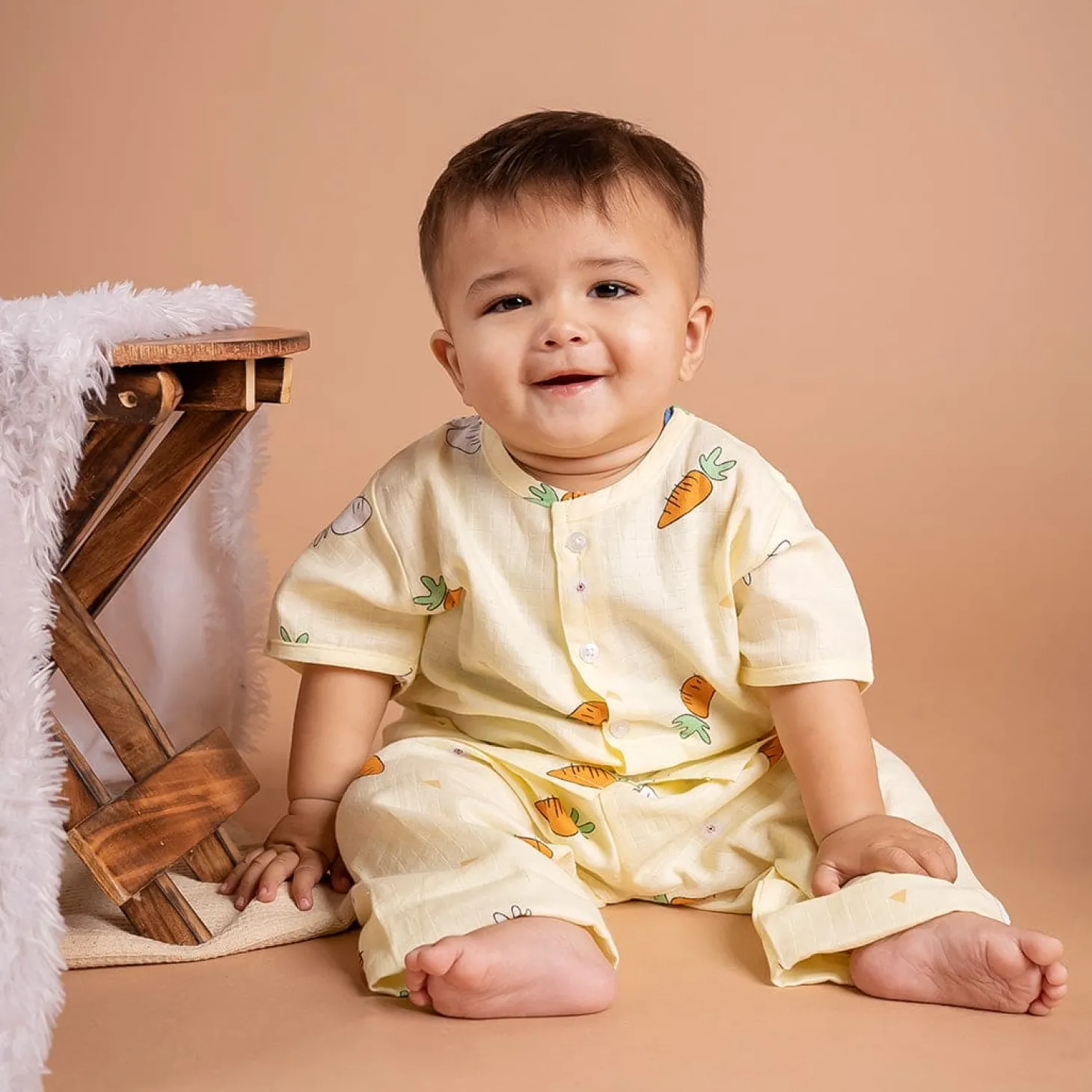 Baby Moo Rabbits Eat Carrots Shirt And Pyjama Night Suit - Yellow