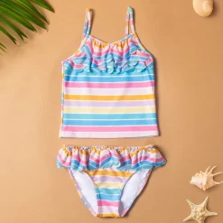Baby Moo Rainbow Striped Beach Two-Piece Swimsuit Pool Swimming Costume - Pink