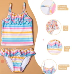 Baby Moo Rainbow Striped Beach Two-Piece Swimsuit Pool Swimming Costume - Pink