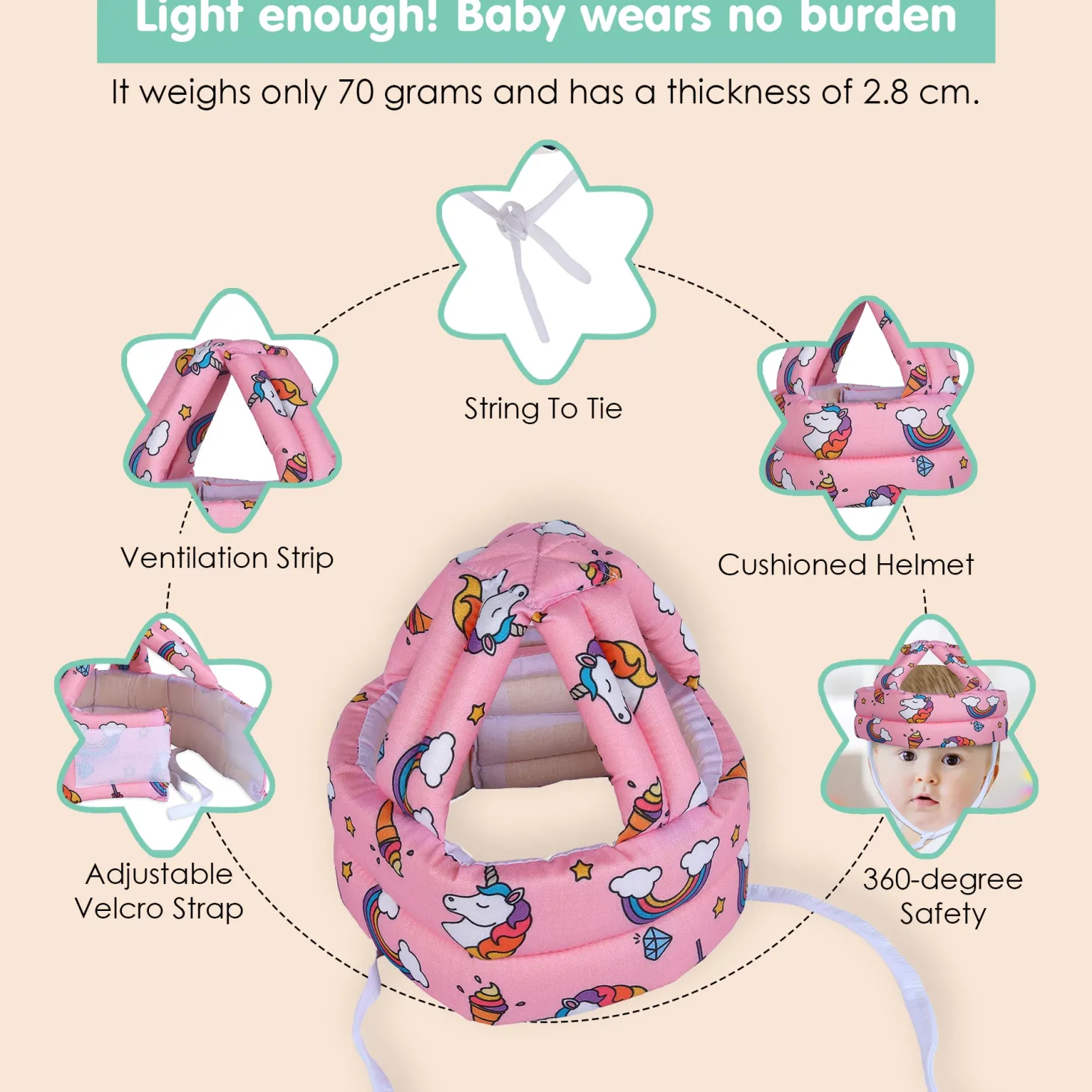 Baby Moo Rainbow Unicorn Head Protection Adjustable Cushioned Safety Helmet - Pink