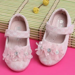 Baby Moo Rhinestone Floral Applique Lace Mary Jane Velcro Strap Anti-Skid Ballerina Shoes - Pink