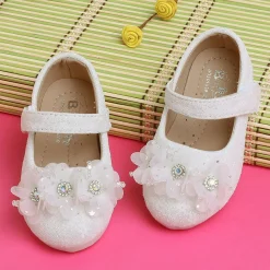 Baby Moo Rhinestone Floral Applique Lace Mary Jane Velcro Strap Anti-Skid Ballerina Shoes - Cream