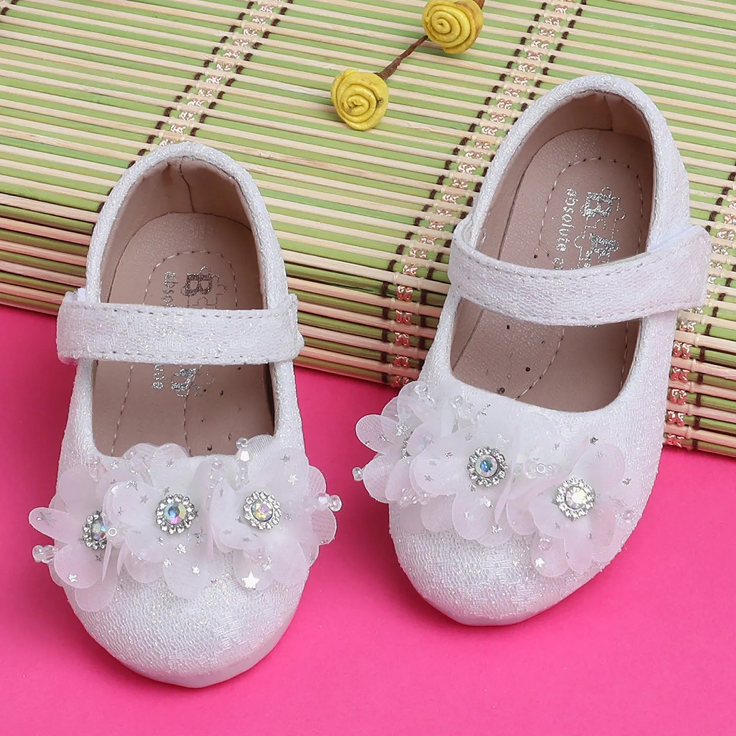 Baby Moo Rhinestone Floral Applique Lace Mary Jane Velcro Strap Anti-Skid Ballerina Shoes - White