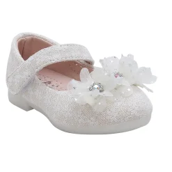 Baby Moo Rhinestone Floral Applique Lace Mary Jane Velcro Strap Anti-Skid Ballerina Shoes - Cream