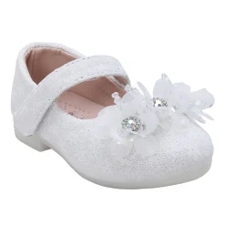 Baby Moo Rhinestone Floral Applique Lace Mary Jane Velcro Strap Anti-Skid Ballerina Shoes - White