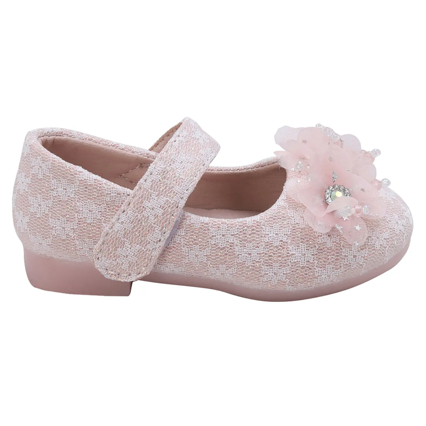 Baby Moo Rhinestone Floral Applique Lace Mary Jane Velcro Strap Anti-Skid Ballerina Shoes - Pink