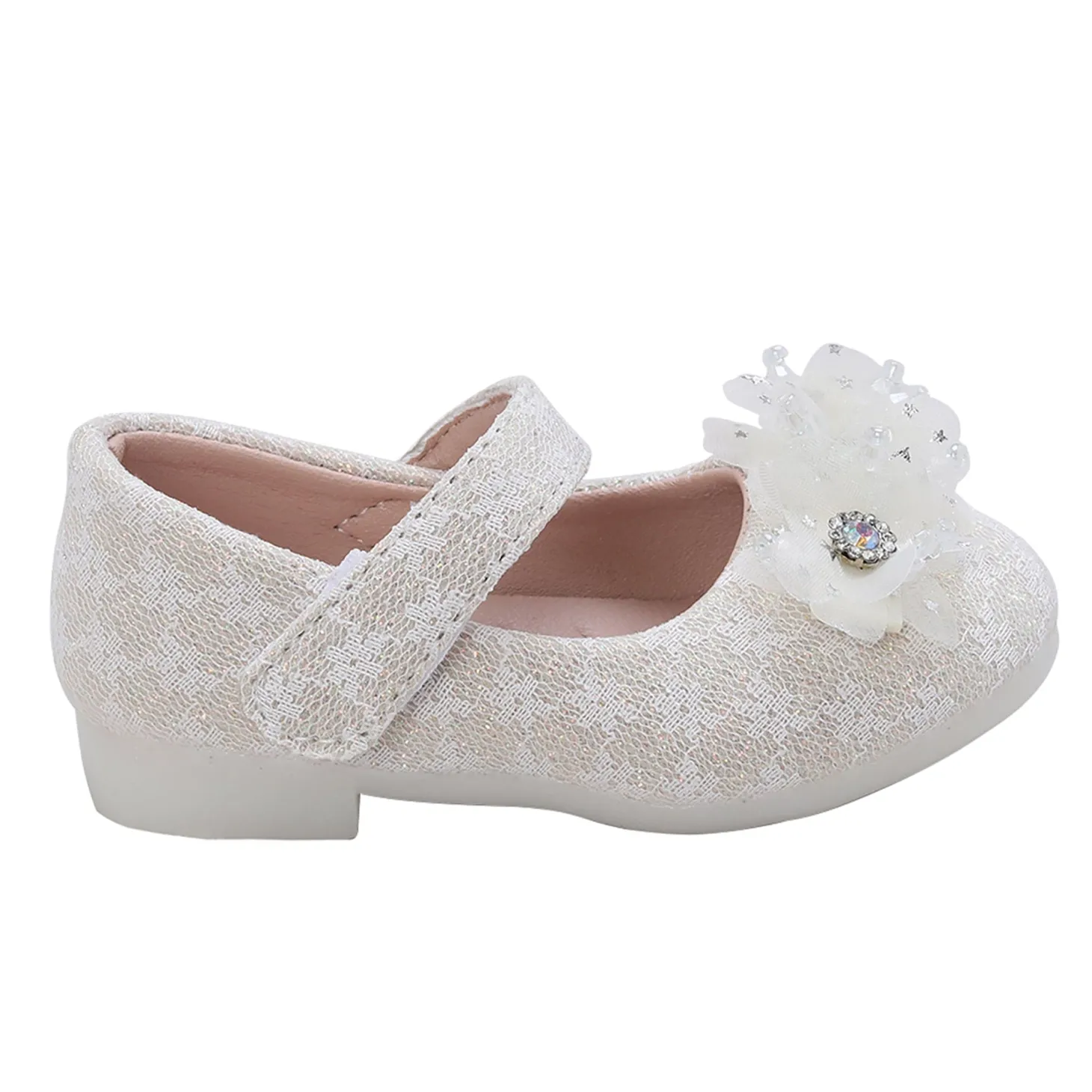 Baby Moo Rhinestone Floral Applique Lace Mary Jane Velcro Strap Anti-Skid Ballerina Shoes - Cream
