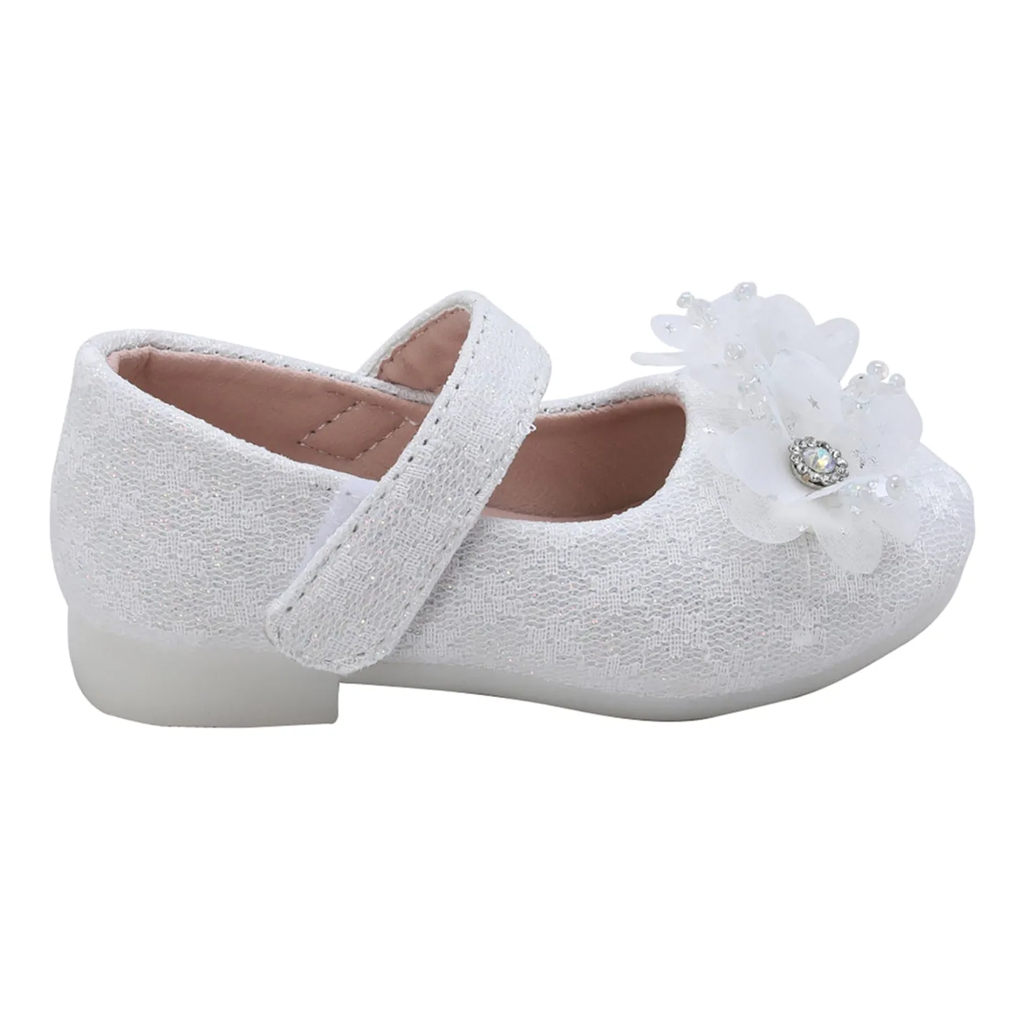 Baby Moo Rhinestone Floral Applique Lace Mary Jane Velcro Strap Anti-Skid Ballerina Shoes - White