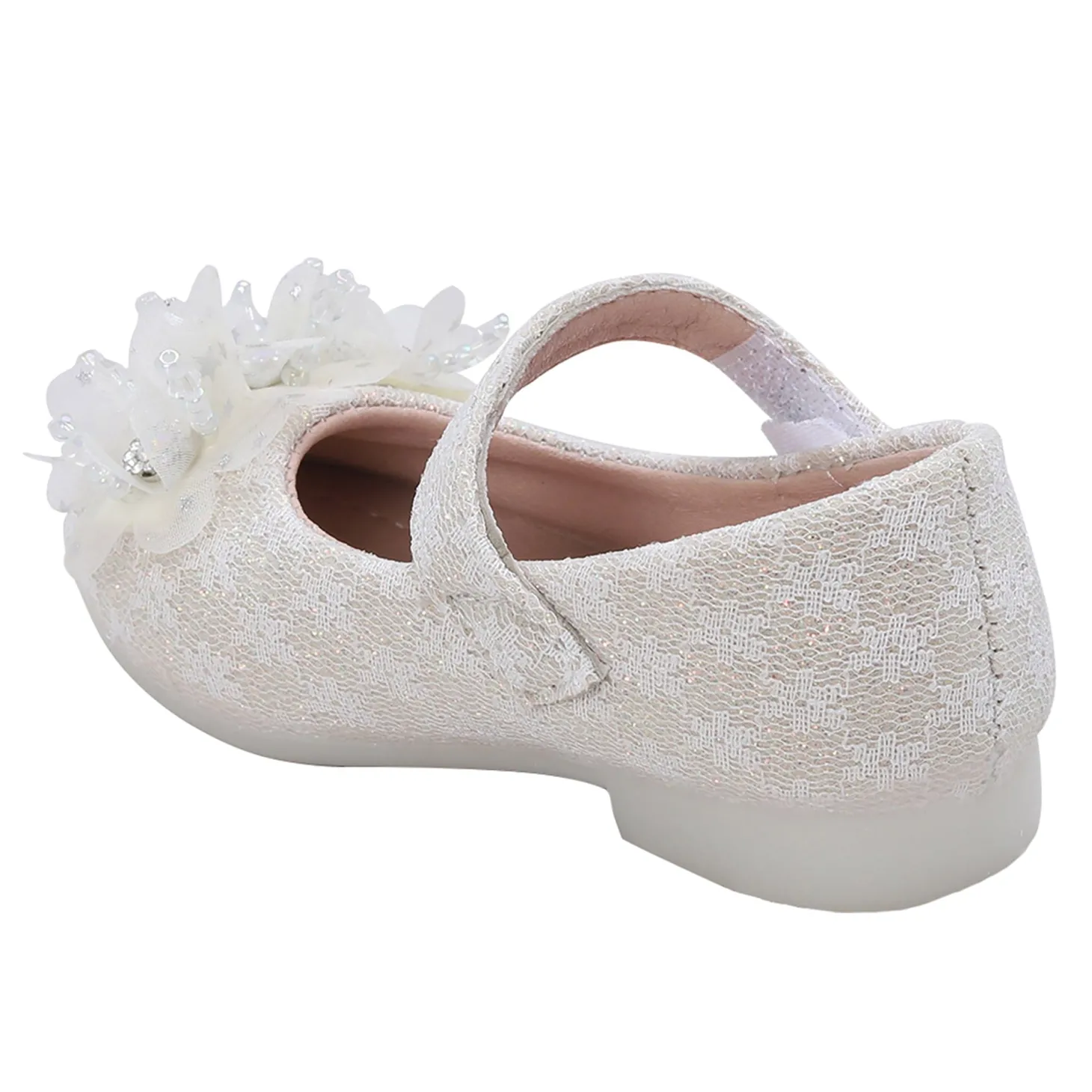 Baby Moo Rhinestone Floral Applique Lace Mary Jane Velcro Strap Anti-Skid Ballerina Shoes - Cream