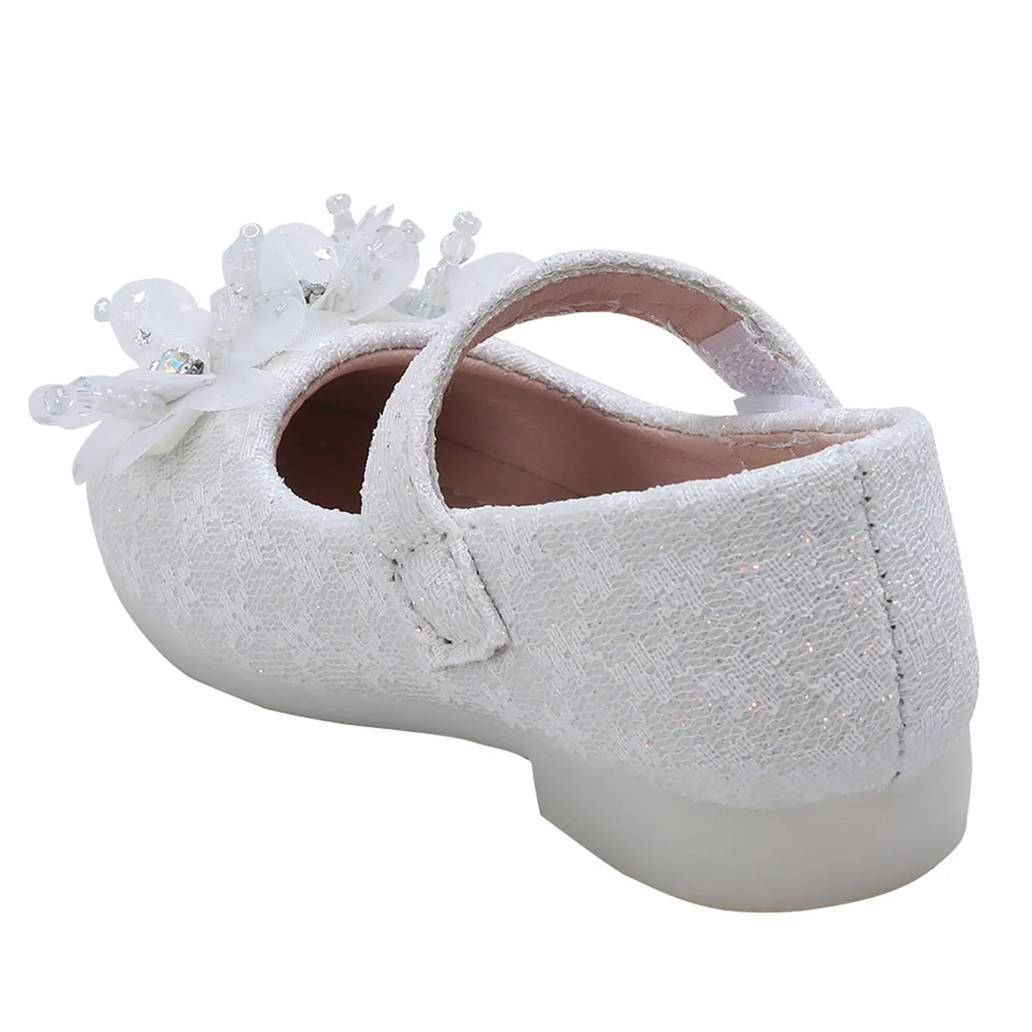 Baby Moo Rhinestone Floral Applique Lace Mary Jane Velcro Strap Anti-Skid Ballerina Shoes - White
