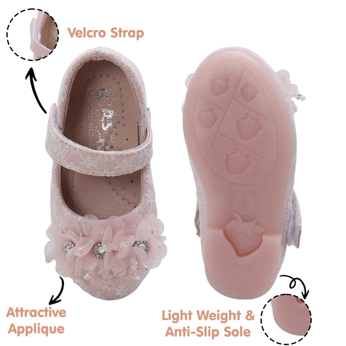 Baby Moo Rhinestone Floral Applique Lace Mary Jane Velcro Strap Anti-Skid Ballerina Shoes - Pink