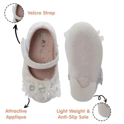 Baby Moo Rhinestone Floral Applique Lace Mary Jane Velcro Strap Anti-Skid Ballerina Shoes - Cream