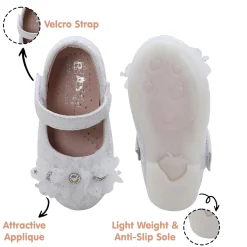 Baby Moo Rhinestone Floral Applique Lace Mary Jane Velcro Strap Anti-Skid Ballerina Shoes - White