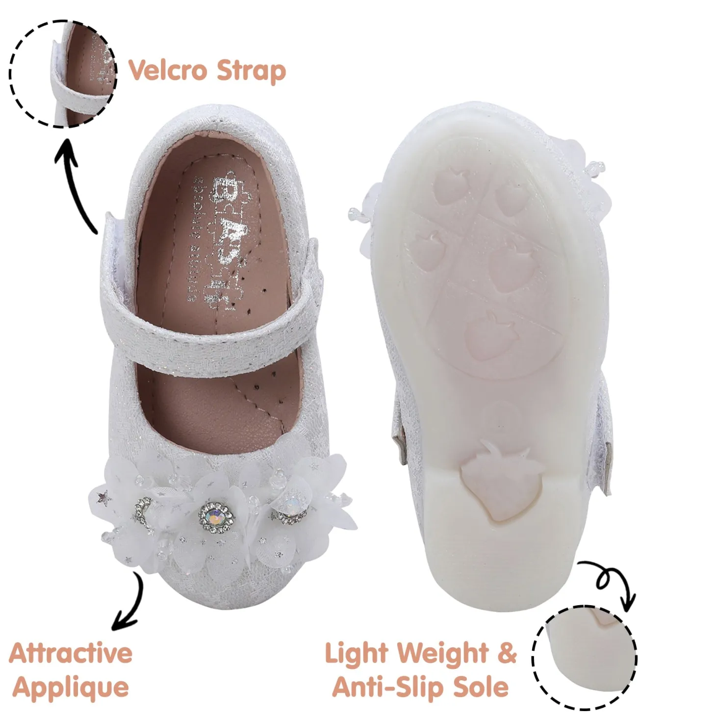 Baby Moo Rhinestone Floral Applique Lace Mary Jane Velcro Strap Anti-Skid Ballerina Shoes - White