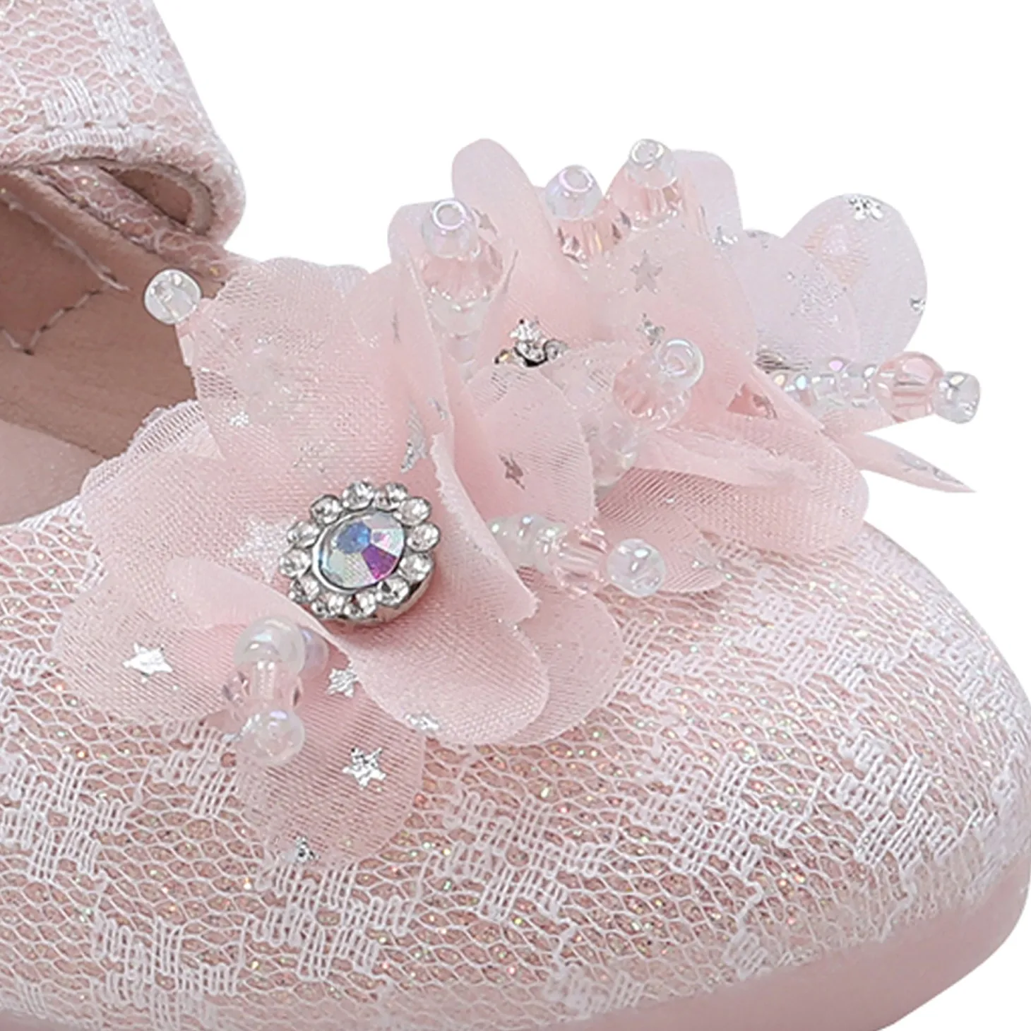 Baby Moo Rhinestone Floral Applique Lace Mary Jane Velcro Strap Anti-Skid Ballerina Shoes - Pink