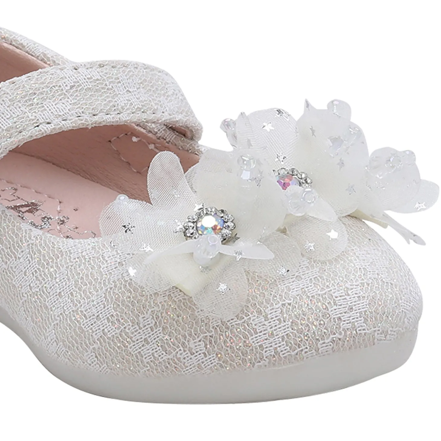 Baby Moo Rhinestone Floral Applique Lace Mary Jane Velcro Strap Anti-Skid Ballerina Shoes - Cream