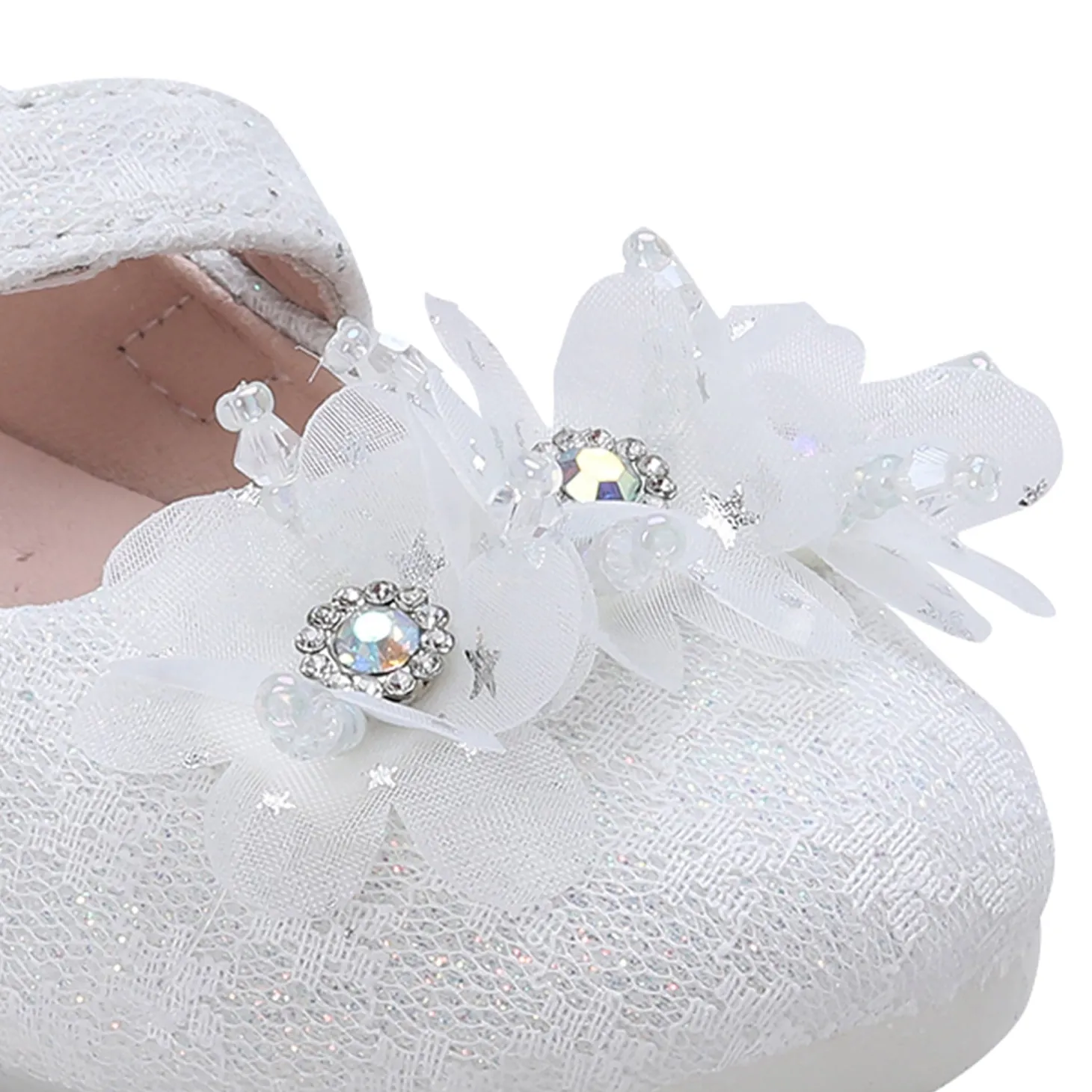 Baby Moo Rhinestone Floral Applique Lace Mary Jane Velcro Strap Anti-Skid Ballerina Shoes - White