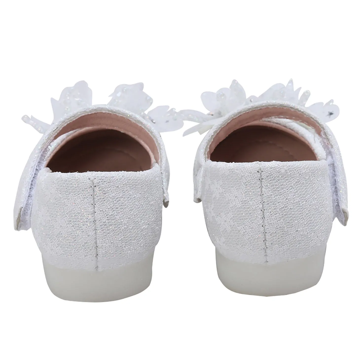 Baby Moo Rhinestone Floral Applique Lace Mary Jane Velcro Strap Anti-Skid Ballerina Shoes - White