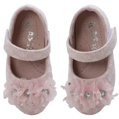 Baby Moo Rhinestone Floral Applique Lace Mary Jane Velcro Strap Anti-Skid Ballerina Shoes - Pink