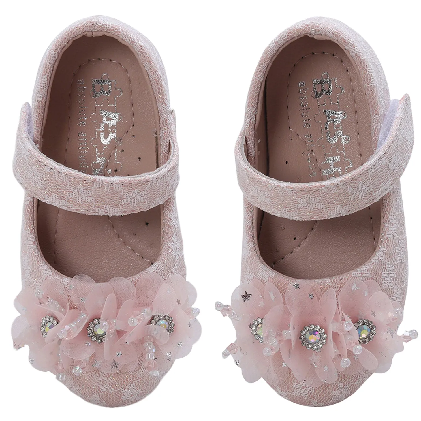 Baby Moo Rhinestone Floral Applique Lace Mary Jane Velcro Strap Anti-Skid Ballerina Shoes - Pink