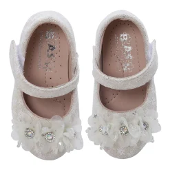 Baby Moo Rhinestone Floral Applique Lace Mary Jane Velcro Strap Anti-Skid Ballerina Shoes - Cream