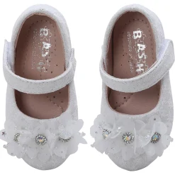 Baby Moo Rhinestone Floral Applique Lace Mary Jane Velcro Strap Anti-Skid Ballerina Shoes - White