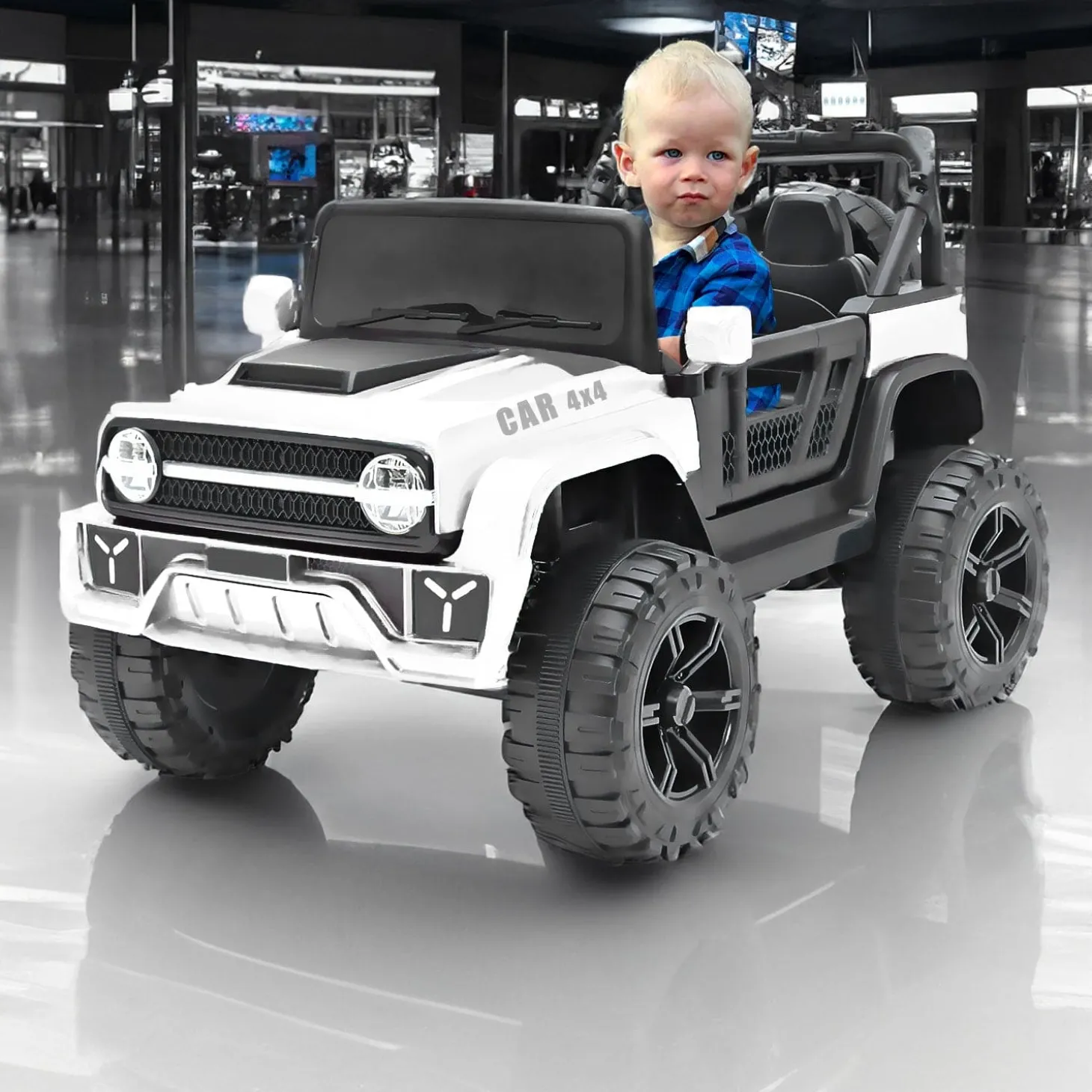 Baby Moo Ride On Jeep For Kids With Rechargeable 12V Battery Remote Control Double Seat - White