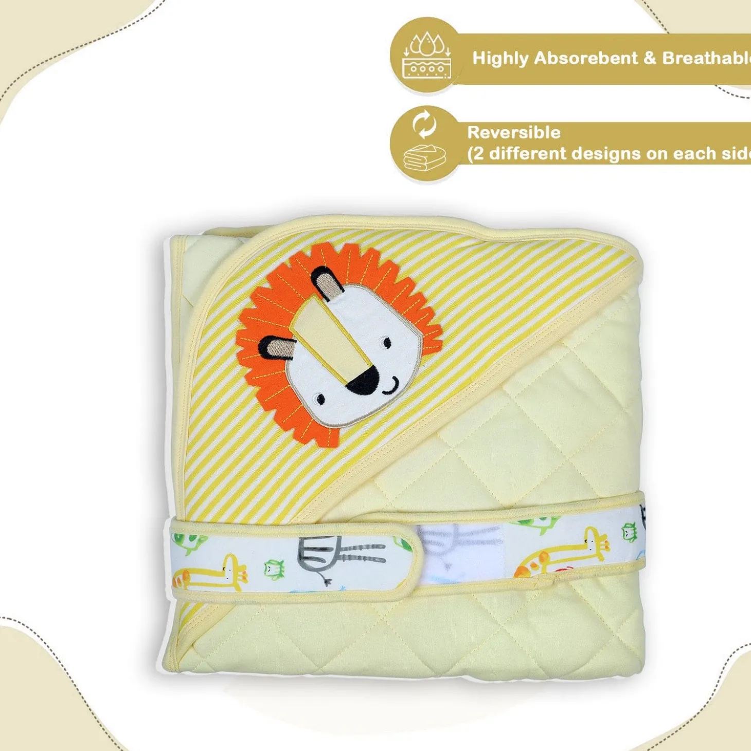 Baby Moo Roaring Lion Warm Hooded Quilted Wrapper - Yellow