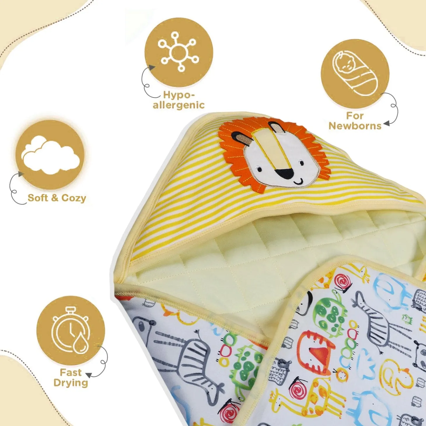 Baby Moo Roaring Lion Warm Hooded Quilted Wrapper - Yellow