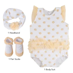 Baby Moo Rose Gift Set 3 Piece With Bodysuit, Socks And Headband - Yellow