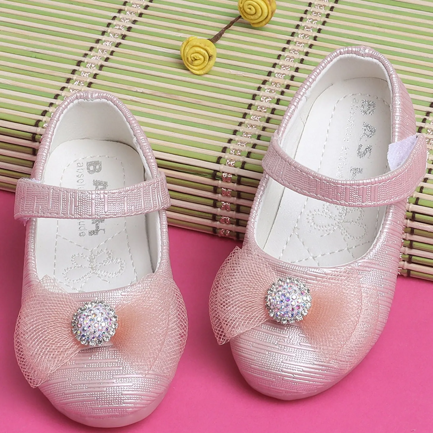 Baby Moo Royal Rhinestone Bow Velcro Strap Anti-Skid Ballerina Shoes - Pink