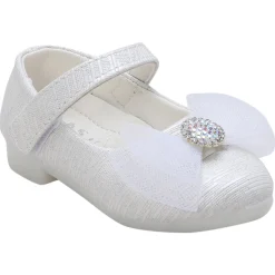 Baby Moo Royal Rhinestone Bow Velcro Strap Anti-Skid Ballerina Shoes - White