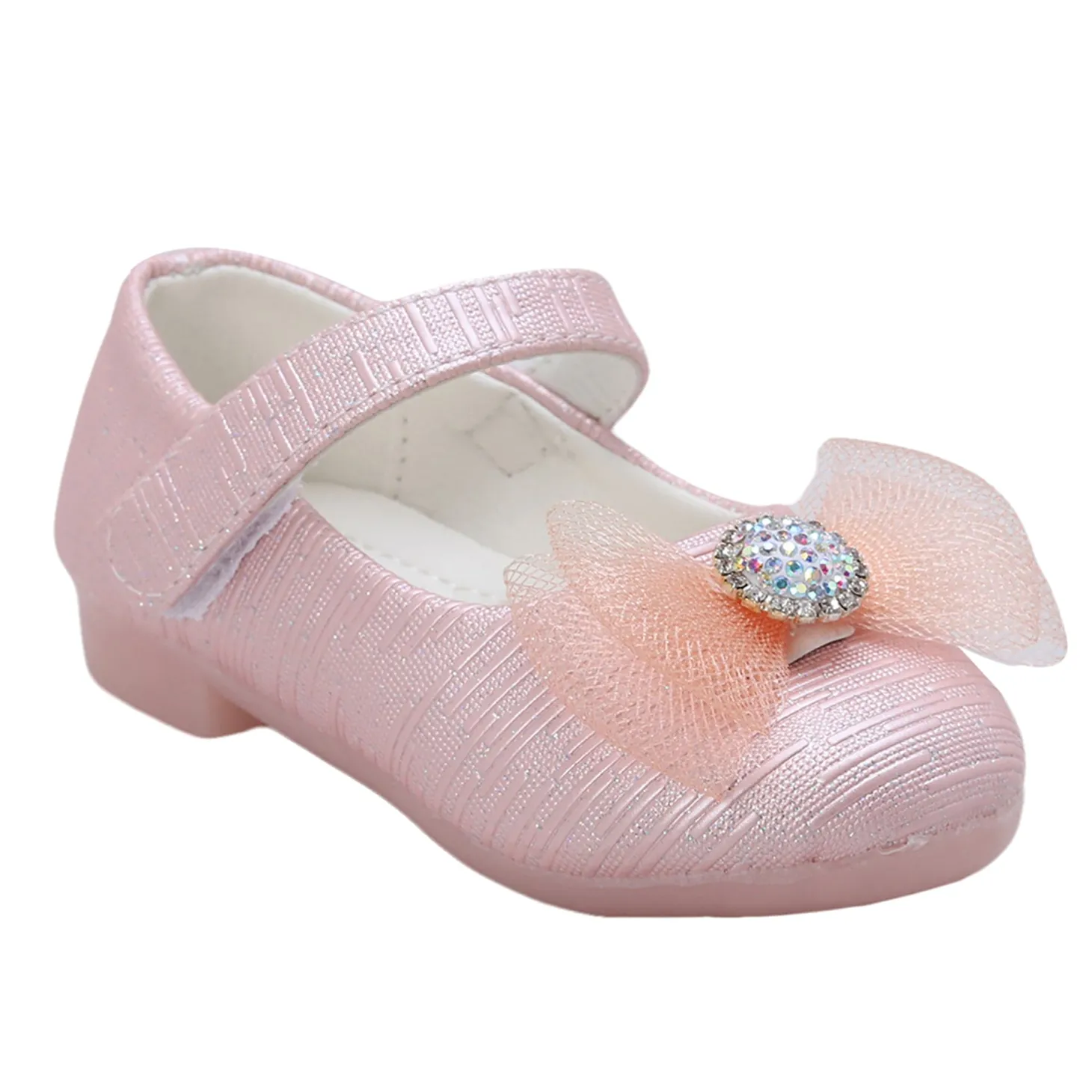Baby Moo Royal Rhinestone Bow Velcro Strap Anti-Skid Ballerina Shoes - Pink