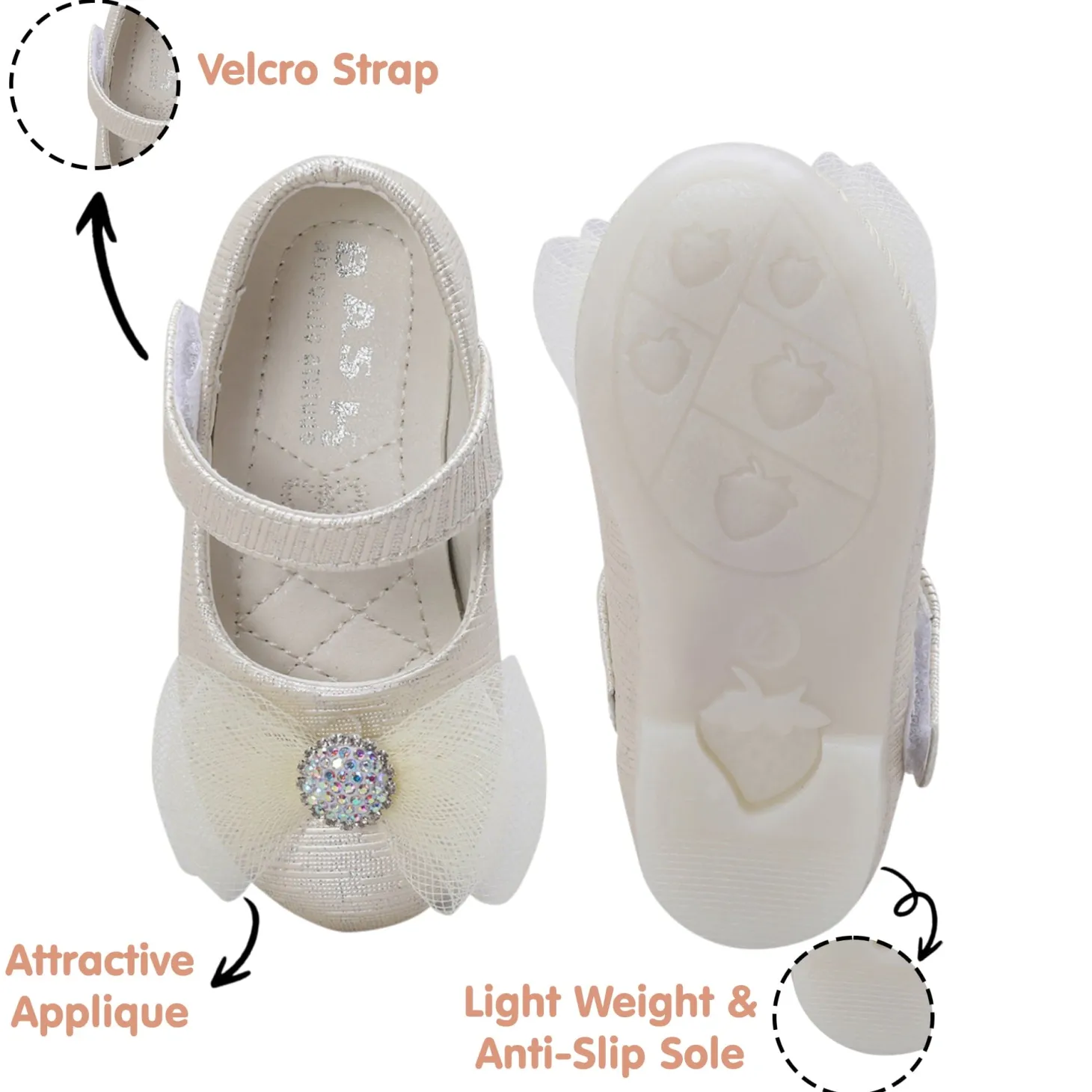 Baby Moo Royal Rhinestone Bow Velcro Strap Anti-Skid Ballerina Shoes - Gold