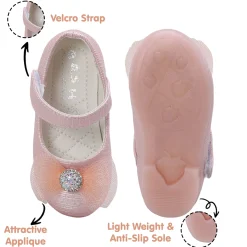 Baby Moo Royal Rhinestone Bow Velcro Strap Anti-Skid Ballerina Shoes - Pink