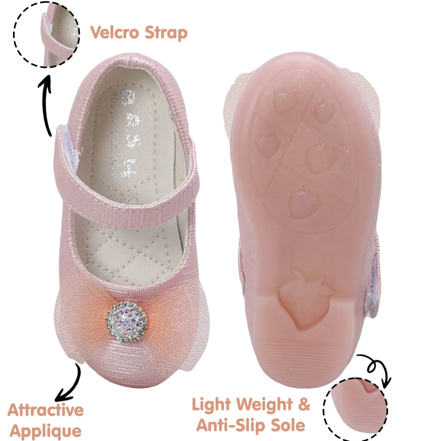 Baby Moo Royal Rhinestone Bow Velcro Strap Anti-Skid Ballerina Shoes - Pink