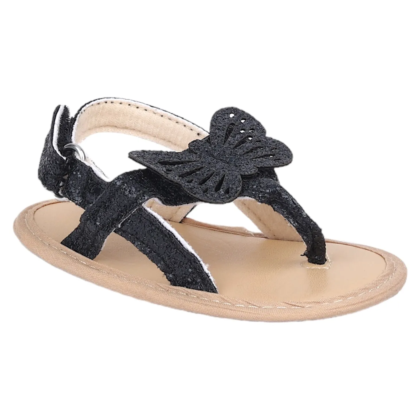 Baby Moo Sequin Butterfly Velcro Straps Anti-Skid Open Toe Sandals - Black