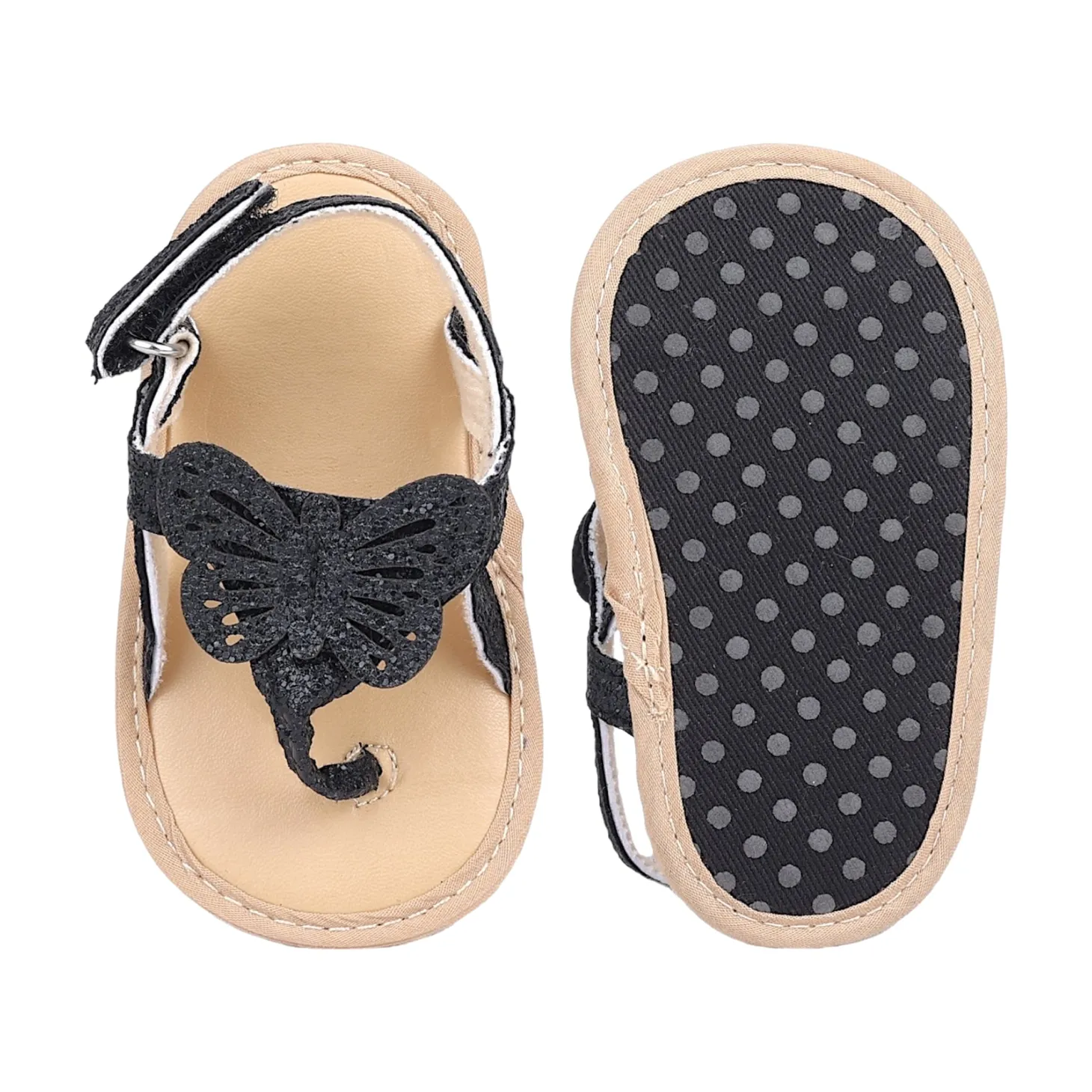 Baby Moo Sequin Butterfly Velcro Straps Anti-Skid Open Toe Sandals - Black